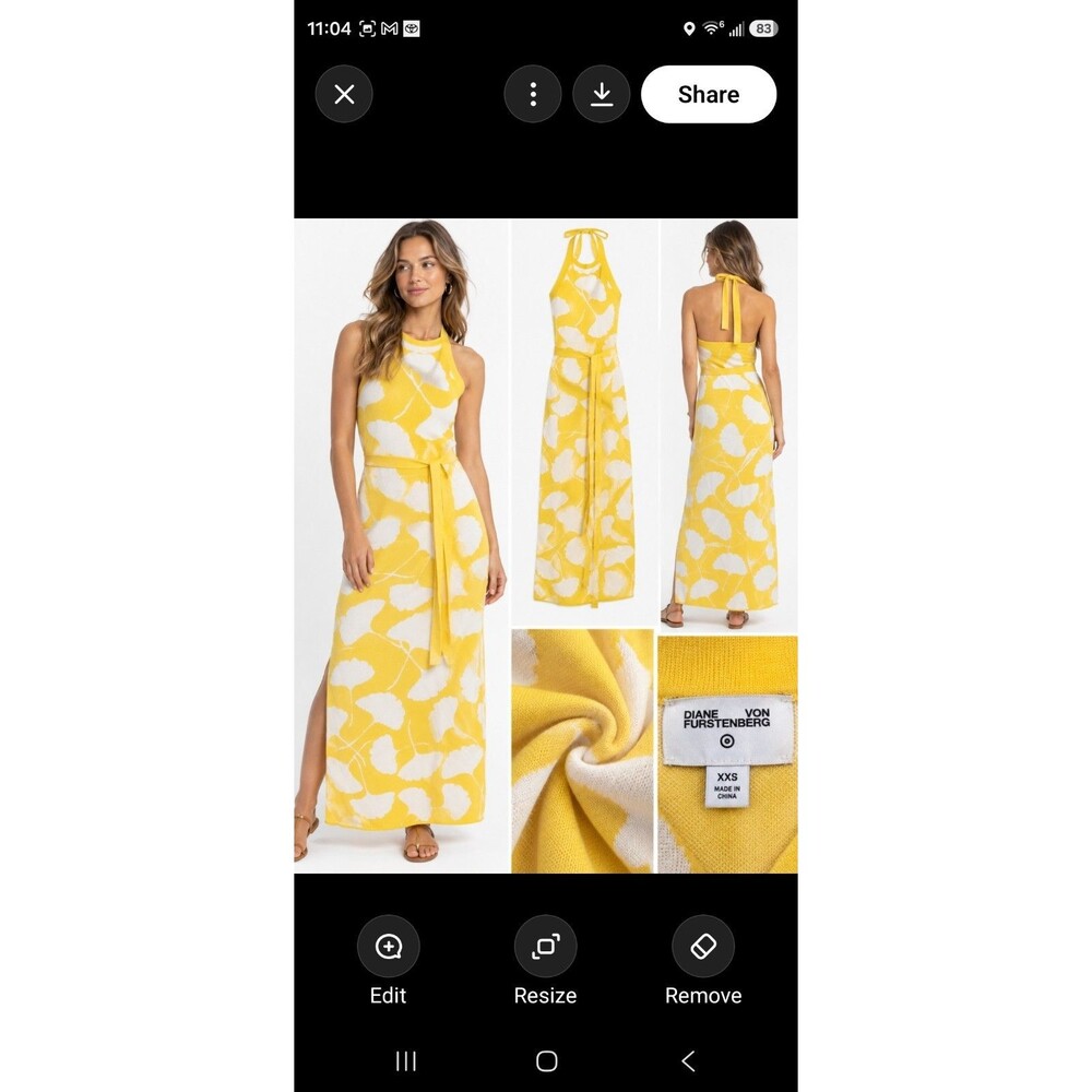 Diane von Furstenberg DVF XXS Yellow Floral Knit Halter Midi Dress Belted
